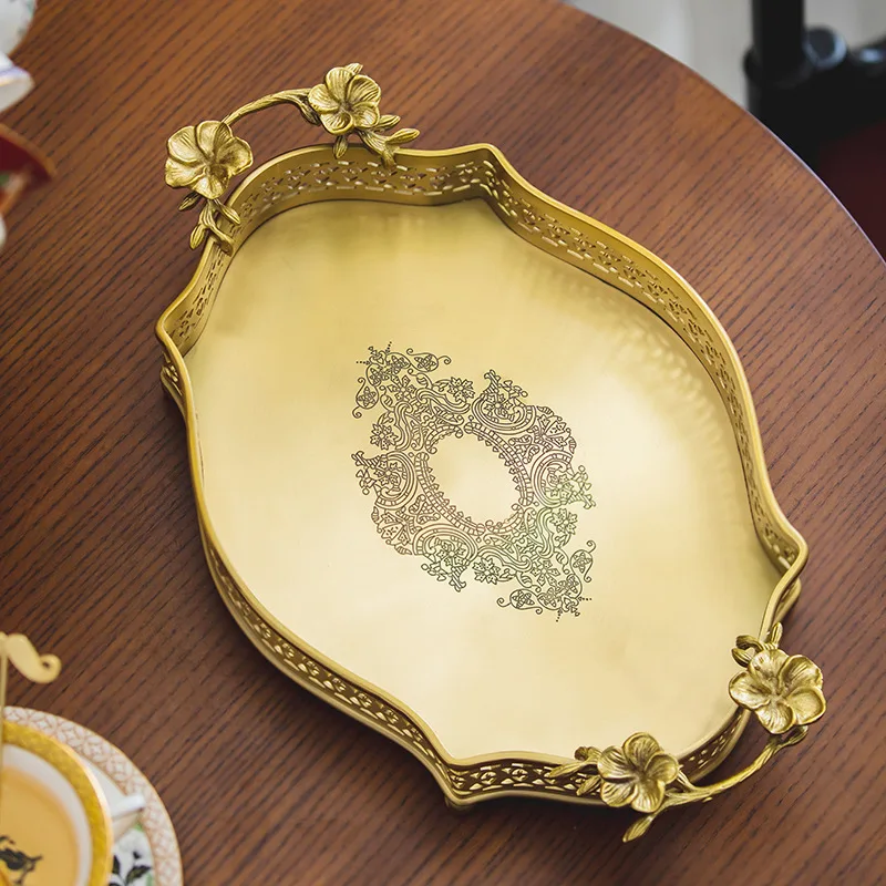 Retro light luxury home living room brass tray entrance storage decorative dining table fruit tea tray storage tray high sense - Image 3