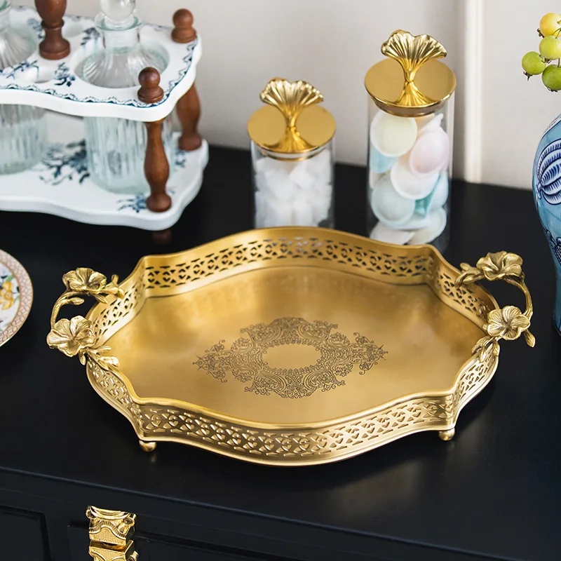 Retro light luxury home living room brass tray entrance storage decorative dining table fruit tea tray storage tray high sense - Image 4