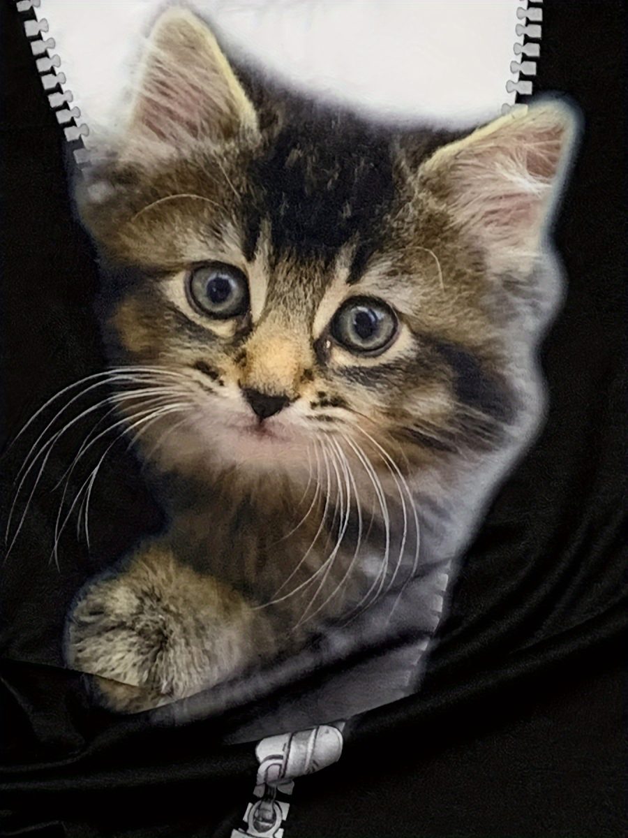 Women's Casual Short Sleeve T-Shirt with Cute Kitten Print - Black & White Round Neck Summer Top, Medium Stretch Machine Washable Fabric for Casual Attire, Ladies T Shirts, Relaxed Fit Top, Playful Graphic Tee, Breathable Material, Graphic Tee, Fashion Lovers - Image 4