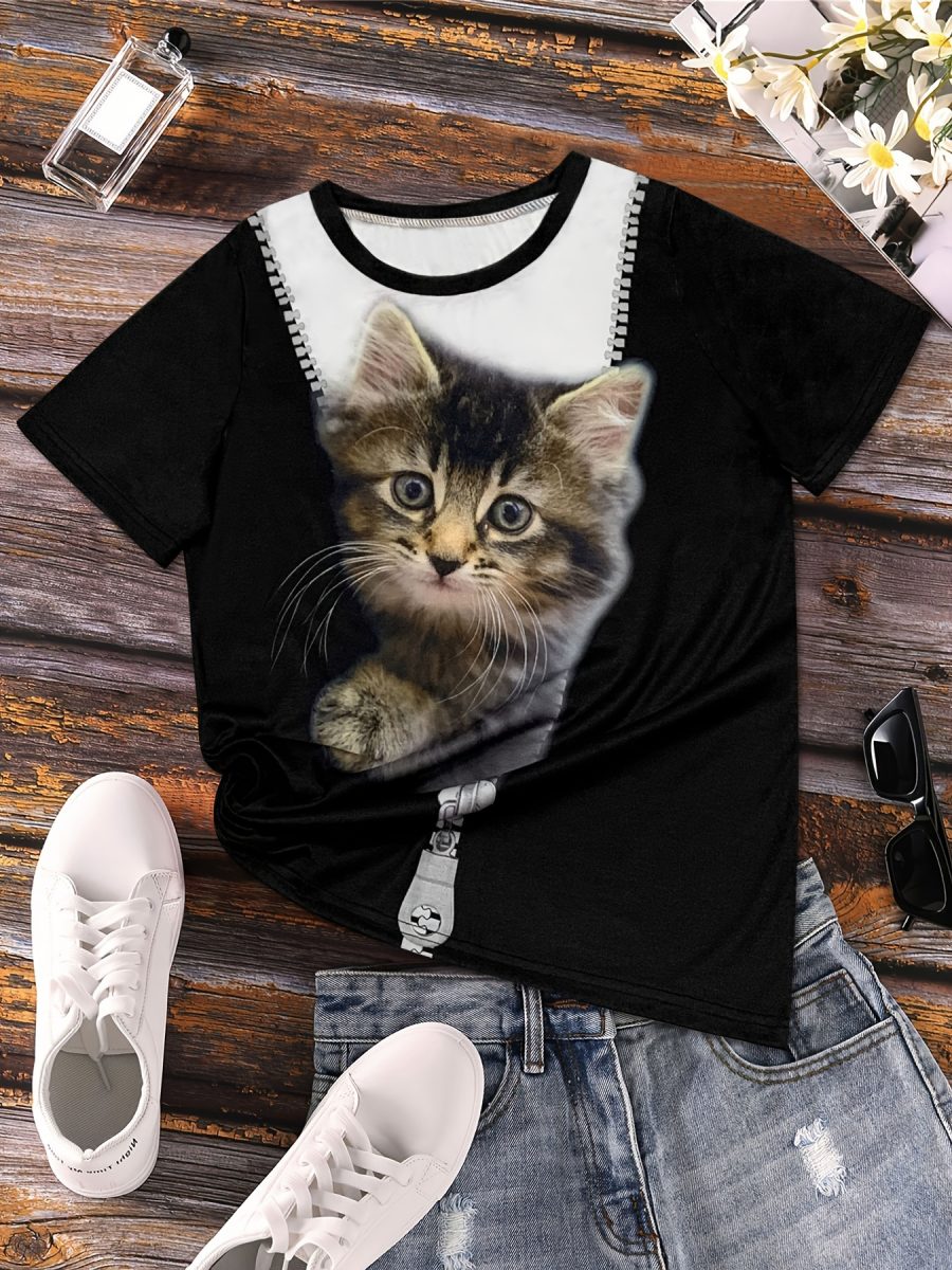 Women's Casual Short Sleeve T-Shirt with Cute Kitten Print - Black & White Round Neck Summer Top, Medium Stretch Machine Washable Fabric for Casual Attire, Ladies T Shirts, Relaxed Fit Top, Playful Graphic Tee, Breathable Material, Graphic Tee, Fashion Lovers - Image 3