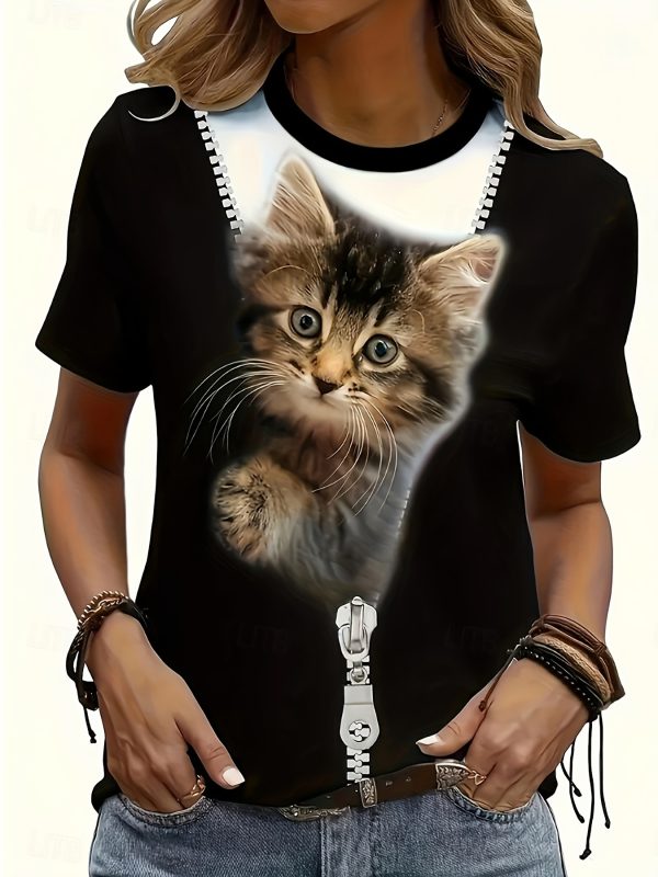 Women's Casual Short Sleeve T-Shirt with Cute Kitten Print - Black & White Round Neck Summer Top, Medium Stretch Machine Washable Fabric for Casual Attire, Ladies T Shirts, Relaxed Fit Top, Playful Graphic Tee, Breathable Material, Graphic Tee, Fashion Lovers