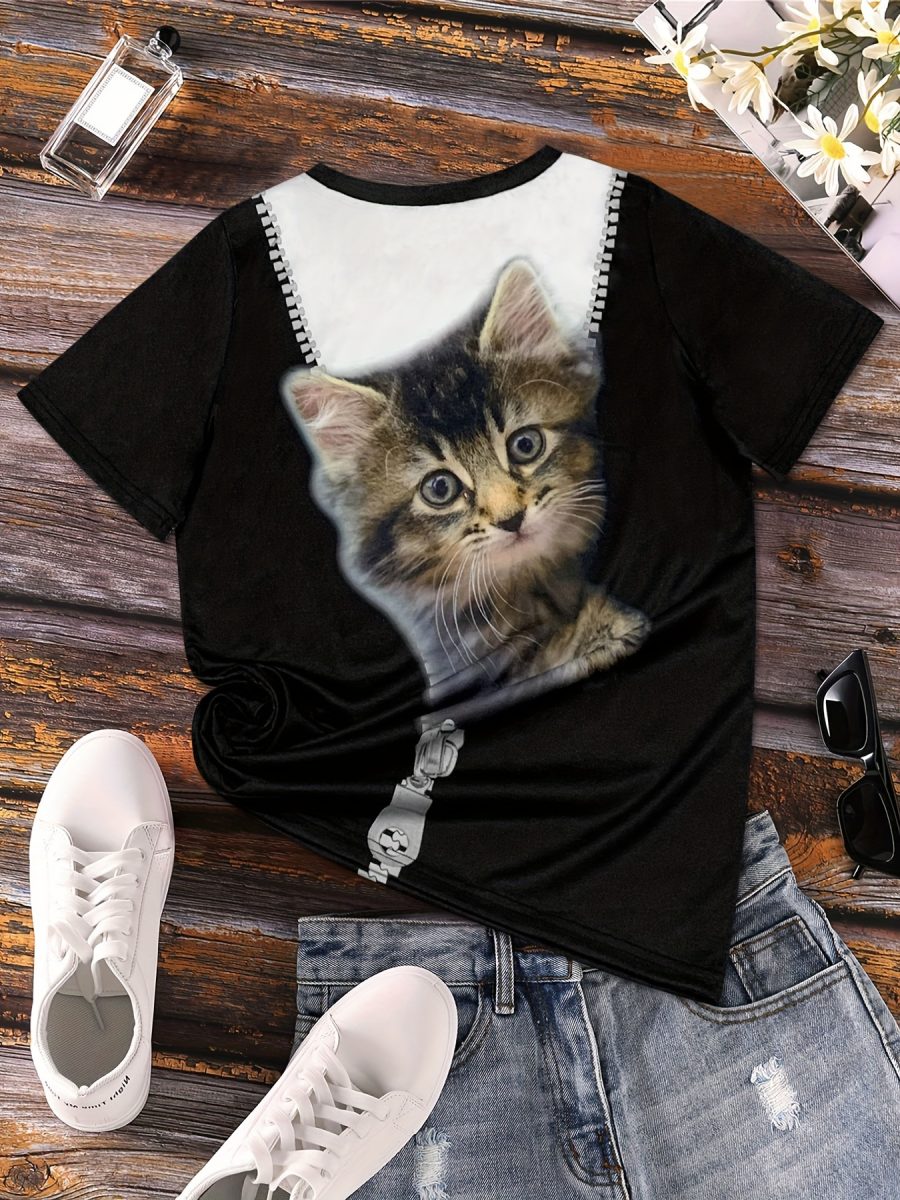 Women's Casual Short Sleeve T-Shirt with Cute Kitten Print - Black & White Round Neck Summer Top, Medium Stretch Machine Washable Fabric for Casual Attire, Ladies T Shirts, Relaxed Fit Top, Playful Graphic Tee, Breathable Material, Graphic Tee, Fashion Lovers - Image 2