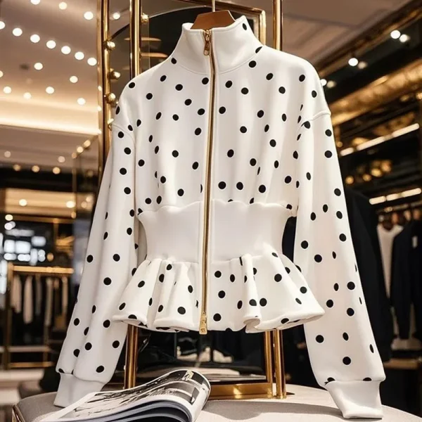 White Dot Long Sleeve Coat Women Spring 2025Stand Collar Belted Waist Zip Up Short Jacket Luxury Elegant Casual Outerwear Ladies