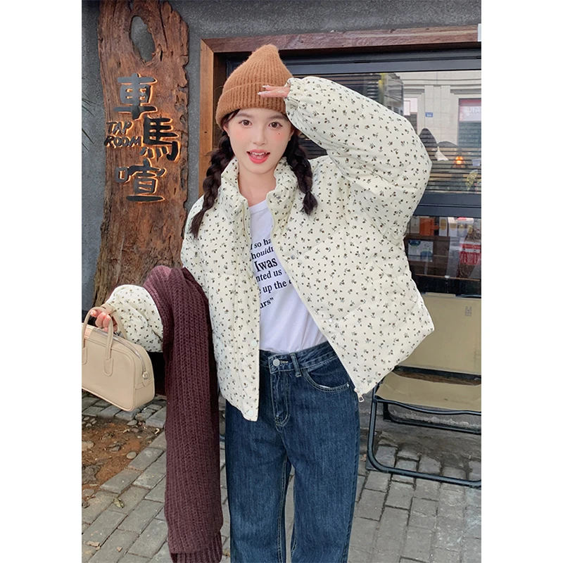 Floral Short Parkas Women Vintage Print Down Coats Winter Korean Cropped Puffer Jacket Thicken Warm Cotton Padded Outerwears New - Image 4