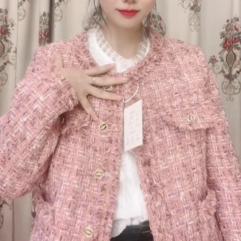 Pink Small Fragrance Jacket Women Down Lining Warm Short Jacket Autumn Winter Tweed Woolen Coat Female Casual Tops Outerwear - Image 3