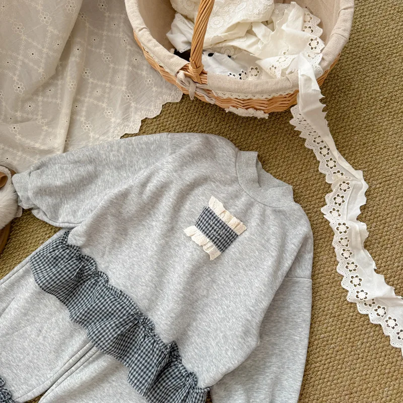 2025 Winter New Children Long Sleeve Clothes Set Girls Fleece Plaid Splicing Sweatshirt + Pants 2pcs Suit Kids Warm Outfits - Image 5