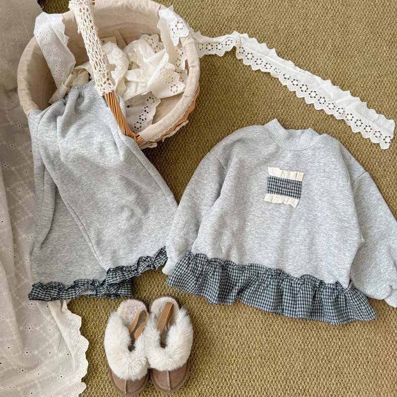 2025 Winter New Children Long Sleeve Clothes Set Girls Fleece Plaid Splicing Sweatshirt + Pants 2pcs Suit Kids Warm Outfits - Image 3