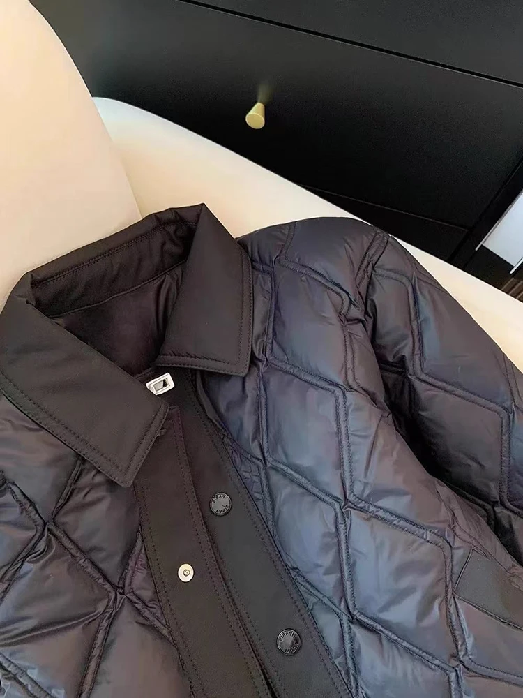 Winter Argyle Black Parkas Women Fashion Warm Patchwork Crop Coats Y2K Loose Single Breasted Lapel Casual Outerwear Mujer - Image 4