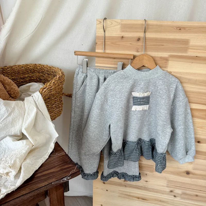 2025 Winter New Children Long Sleeve Clothes Set Girls Fleece Plaid Splicing Sweatshirt + Pants 2pcs Suit Kids Warm Outfits - Image 4