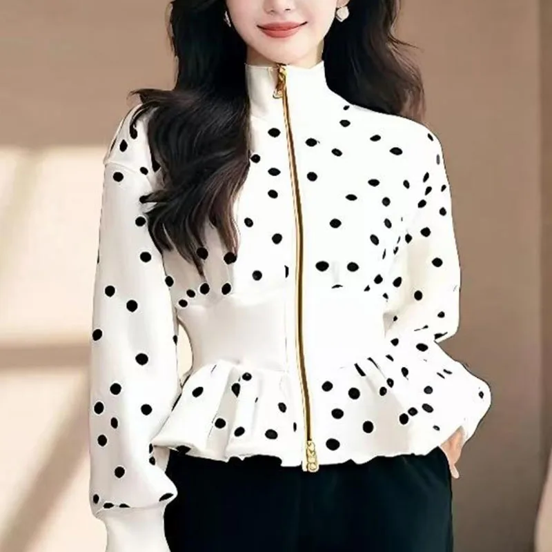 White Dot Long Sleeve Coat Women Spring 2025Stand Collar Belted Waist Zip Up Short Jacket Luxury Elegant Casual Outerwear Ladies - Image 5