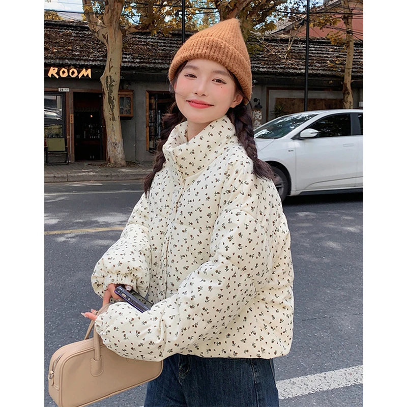 Floral Short Parkas Women Vintage Print Down Coats Winter Korean Cropped Puffer Jacket Thicken Warm Cotton Padded Outerwears New - Image 6