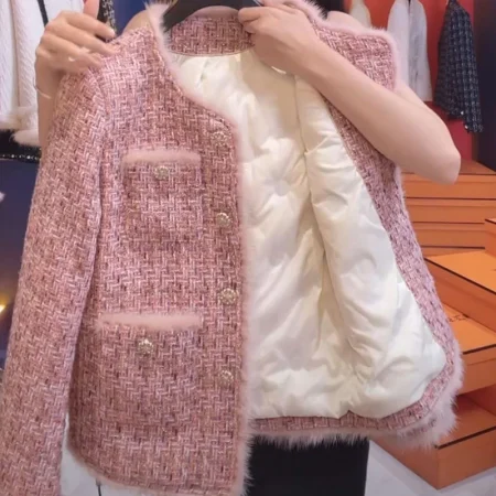 Pink Small Fragrance Jacket Women Down Lining Warm Short Jacket Autumn Winter Tweed Woolen Coat Female Casual Tops Outerwear