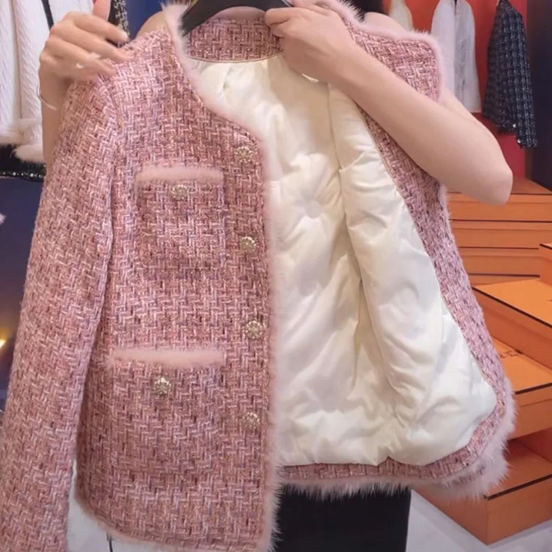 Pink Small Fragrance Jacket Women Down Lining Warm Short Jacket Autumn Winter Tweed Woolen Coat Female Casual Tops Outerwear