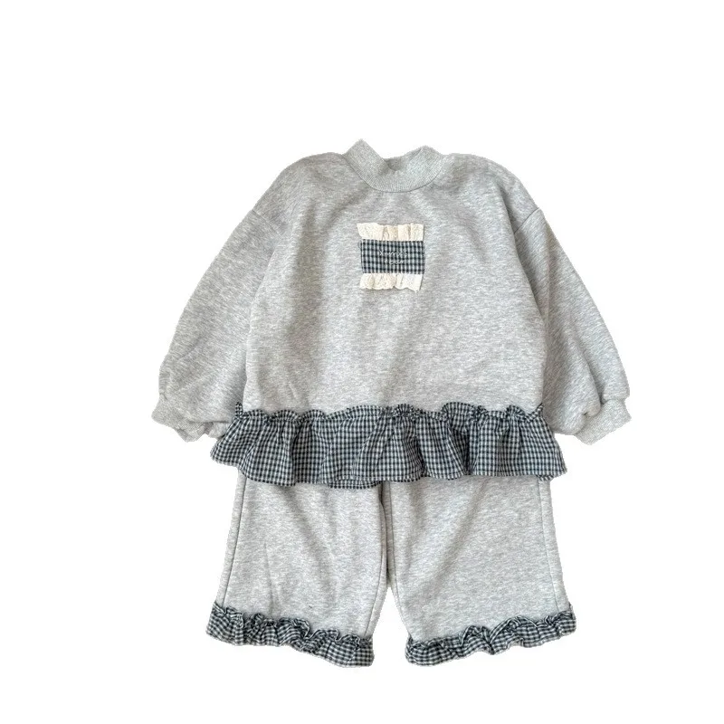 2025 Winter New Children Long Sleeve Clothes Set Girls Fleece Plaid Splicing Sweatshirt + Pants 2pcs Suit Kids Warm Outfits - Image 6