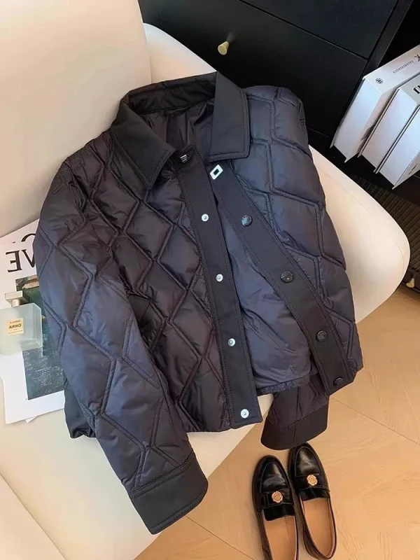 Winter Argyle Black Parkas Women Fashion Warm Patchwork Crop Coats Y2K Loose Single Breasted Lapel Casual Outerwear Mujer