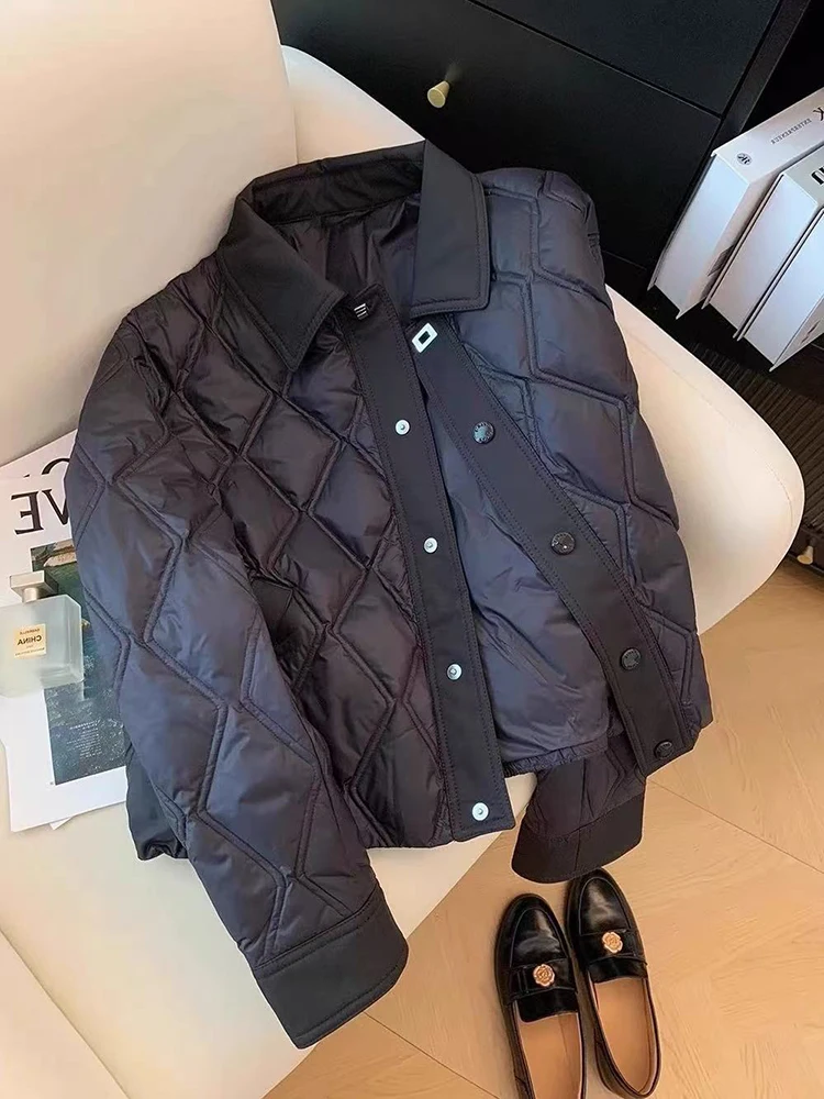 Winter Argyle Black Parkas Women Fashion Warm Patchwork Crop Coats Y2K Loose Single Breasted Lapel Casual Outerwear Mujer