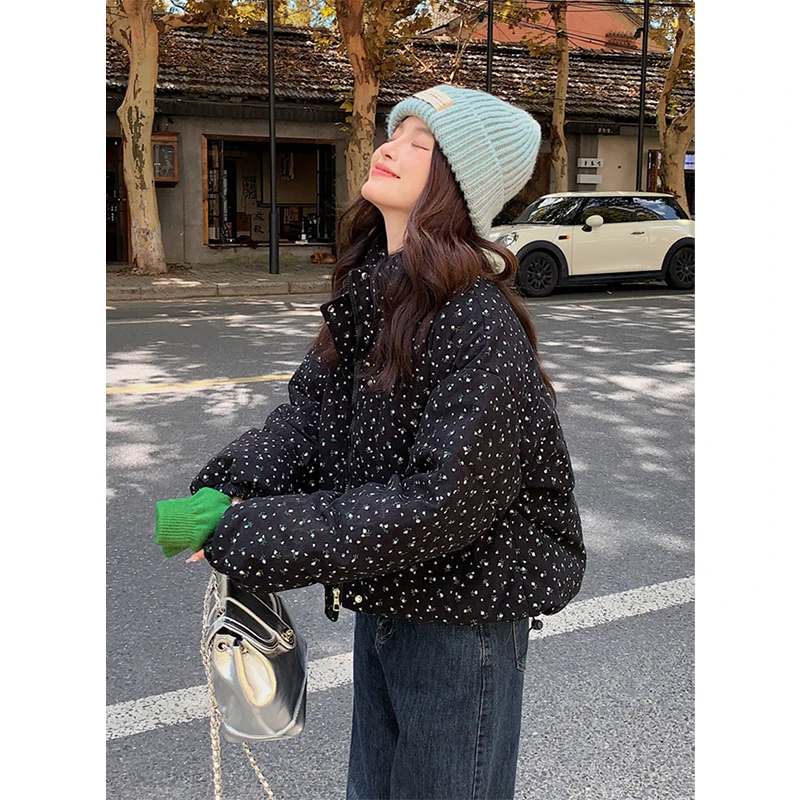 Floral Short Parkas Women Vintage Print Down Coats Winter Korean Cropped Puffer Jacket Thicken Warm Cotton Padded Outerwears New - Image 3