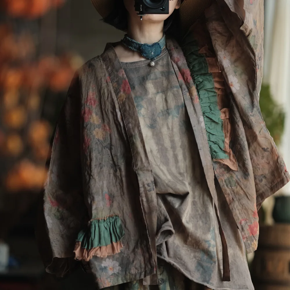 Women Plus Size Japanese Style Cardigans Jackets Robe Femme Casual Linen Coats New Arrival 2025 Spring Batwing Sleeve Outwear - Image 2