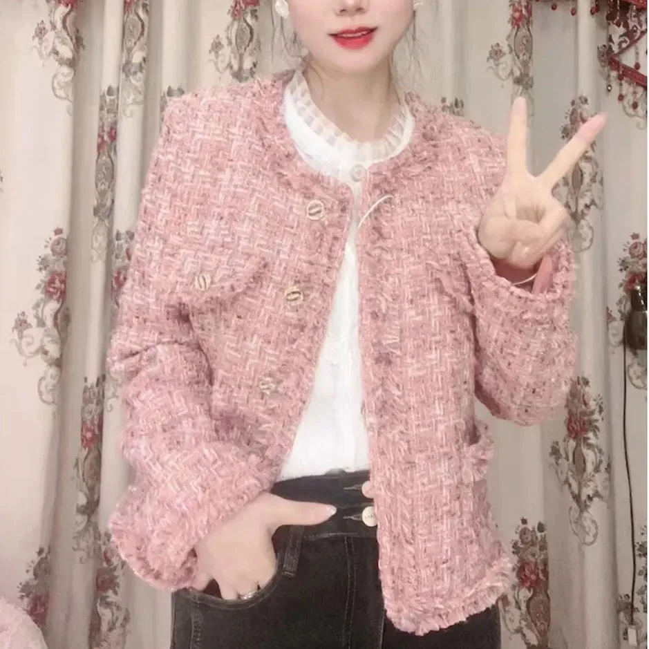 Pink Small Fragrance Jacket Women Down Lining Warm Short Jacket Autumn Winter Tweed Woolen Coat Female Casual Tops Outerwear - Image 2