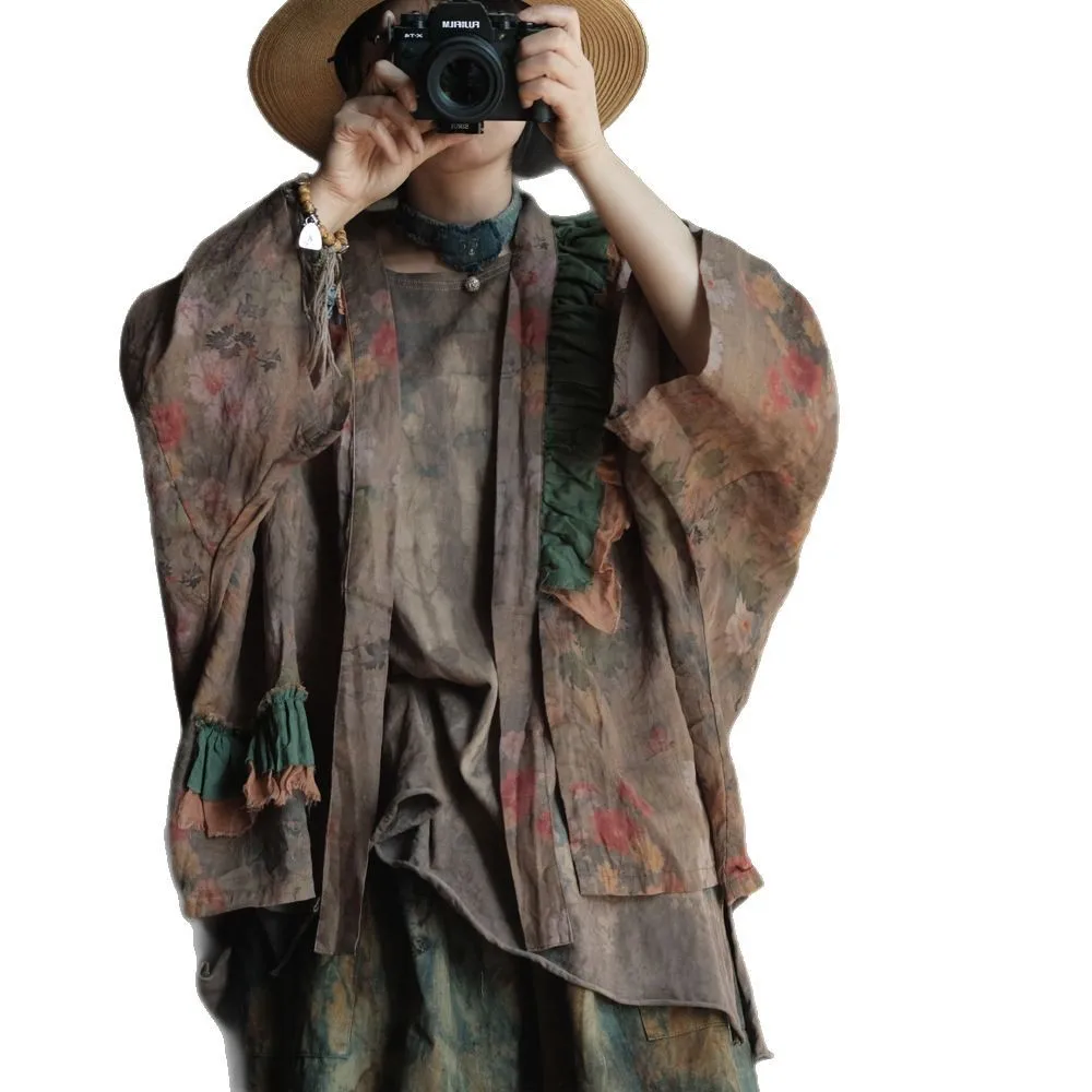 Women Plus Size Japanese Style Cardigans Jackets Robe Femme Casual Linen Coats New Arrival 2025 Spring Batwing Sleeve Outwear