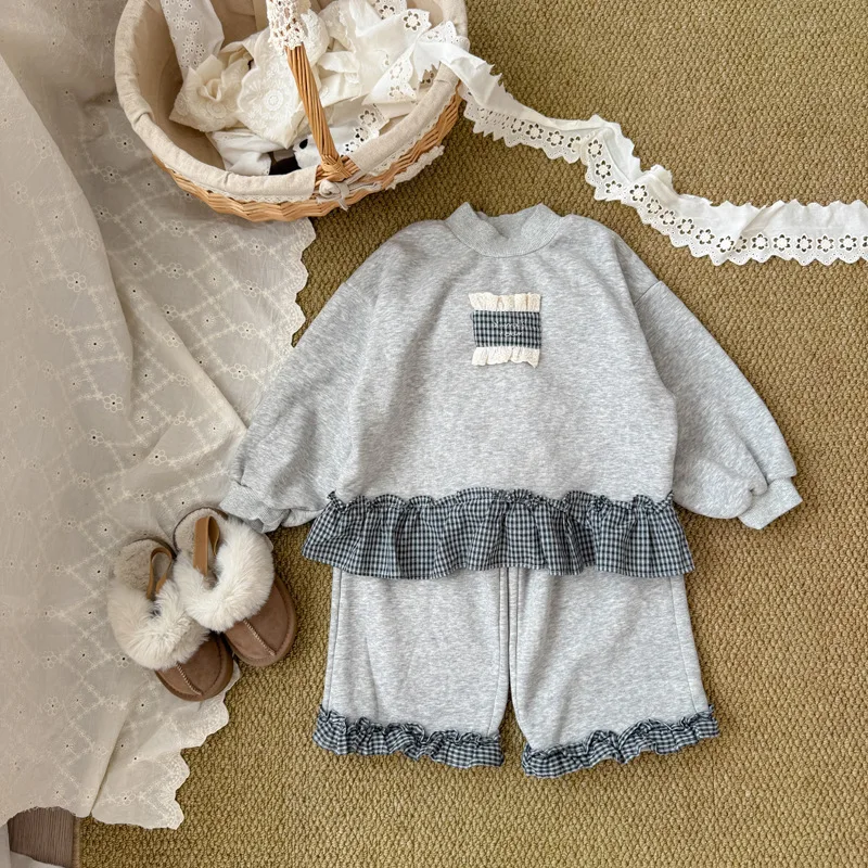 2025 Winter New Children Long Sleeve Clothes Set Girls Fleece Plaid Splicing Sweatshirt + Pants 2pcs Suit Kids Warm Outfits - Image 2