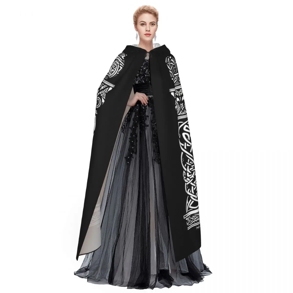 Norse Nordic Viking Celtic Long Hooded Cloak Witch Medieval Costume Cosplay Cape HalloweenParty Adult Unisex - Image 2