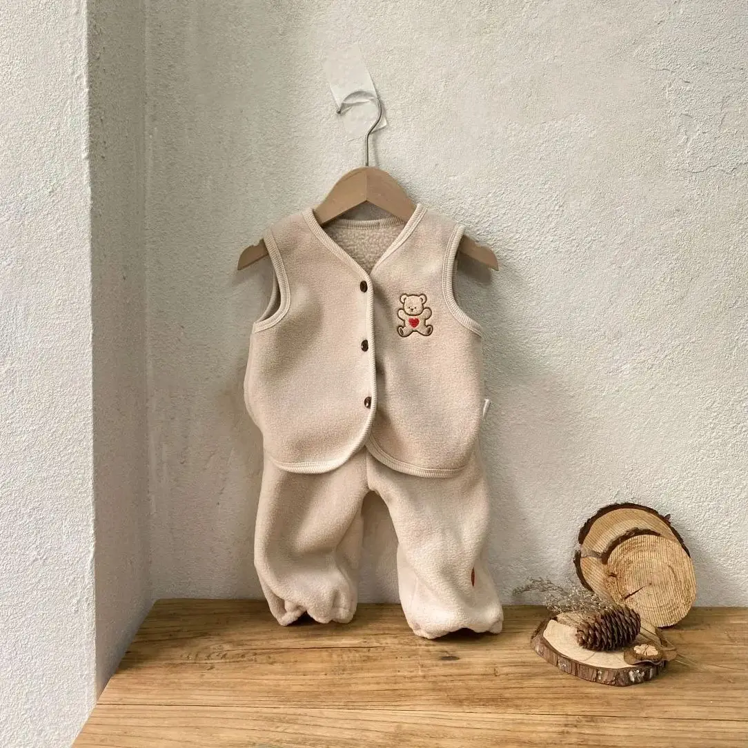 Autumn Baby Cartoon Bear Embroidered Double Side Velvet Vest + PP Pants Set for Boys and Girls Infant Tank Top Suit for Spring - Image 2