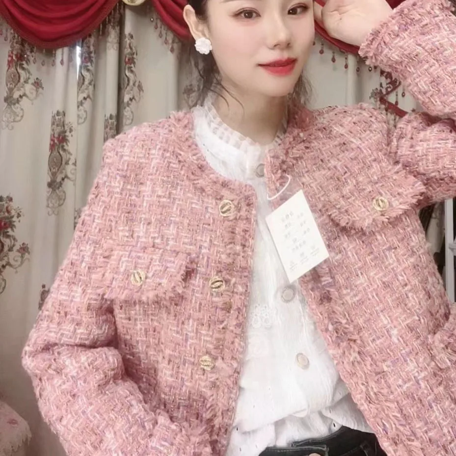 Pink Small Fragrance Jacket Women Down Lining Warm Short Jacket Autumn Winter Tweed Woolen Coat Female Casual Tops Outerwear - Image 4