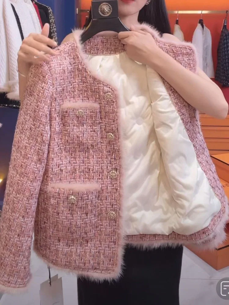 Pink Small Fragrance Jacket Women Down Lining Warm Short Jacket Autumn Winter Tweed Woolen Coat Female Casual Tops Outerwear - Image 6