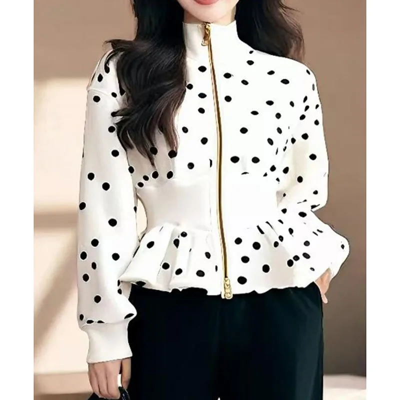 White Dot Long Sleeve Coat Women Spring 2025Stand Collar Belted Waist Zip Up Short Jacket Luxury Elegant Casual Outerwear Ladies - Image 3