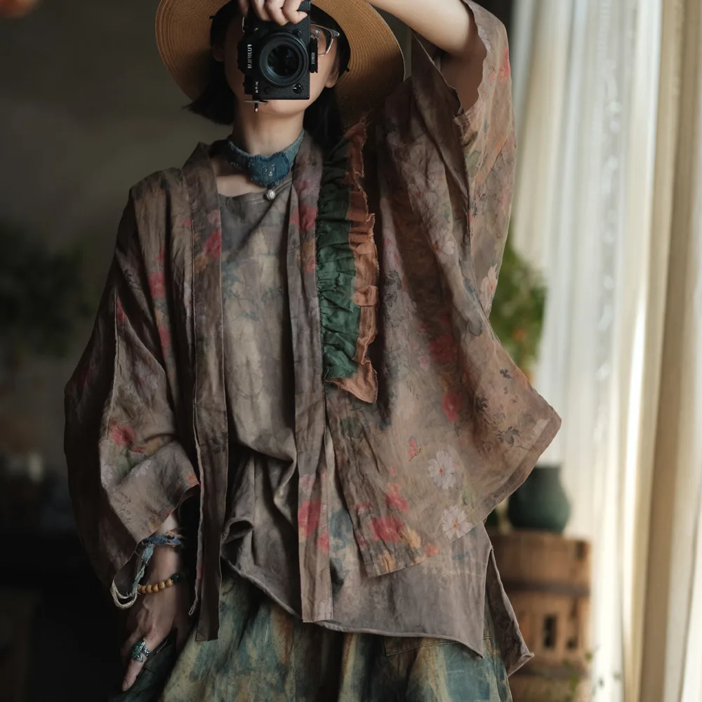 Women Plus Size Japanese Style Cardigans Jackets Robe Femme Casual Linen Coats New Arrival 2025 Spring Batwing Sleeve Outwear - Image 3