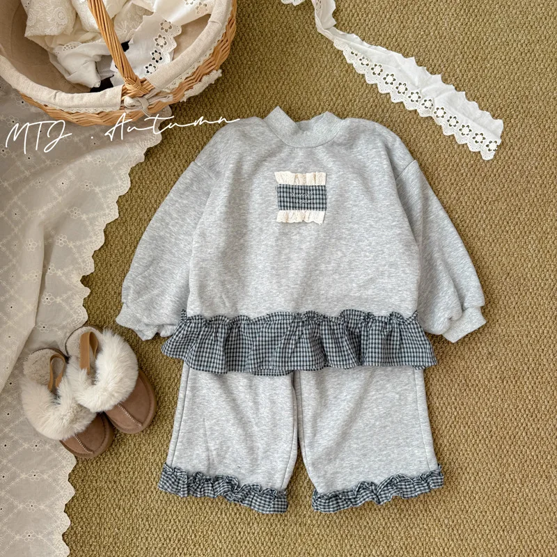 2025 Winter New Children Long Sleeve Clothes Set Girls Fleece Plaid Splicing Sweatshirt + Pants 2pcs Suit Kids Warm Outfits