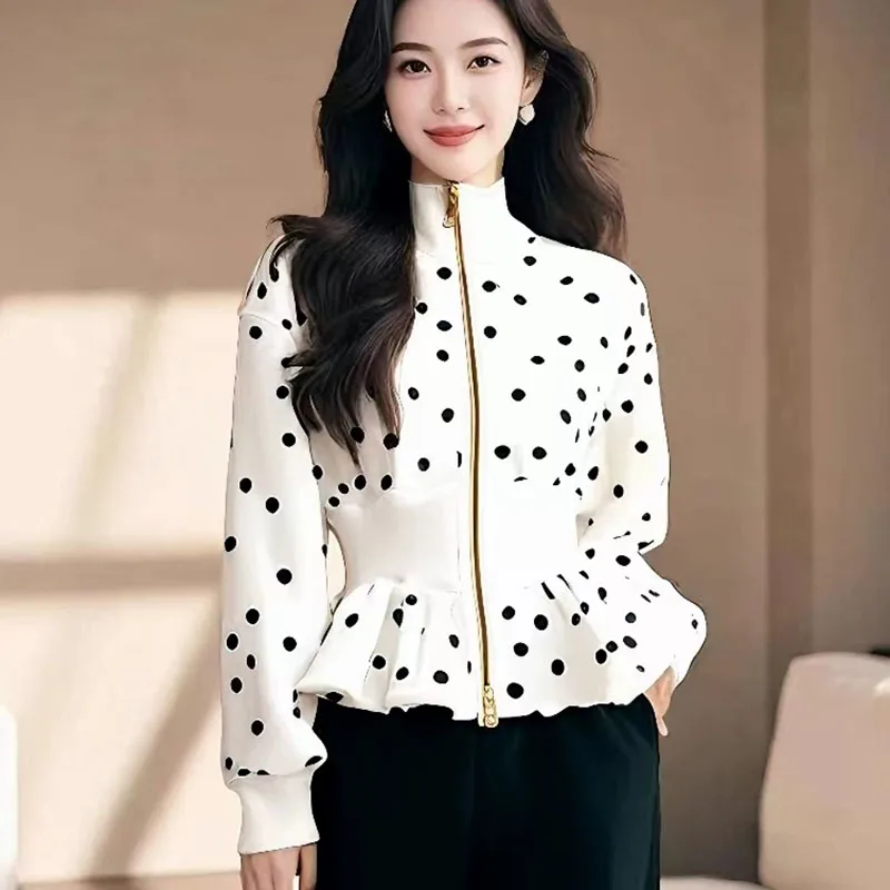 White Dot Long Sleeve Coat Women Spring 2025Stand Collar Belted Waist Zip Up Short Jacket Luxury Elegant Casual Outerwear Ladies - Image 2