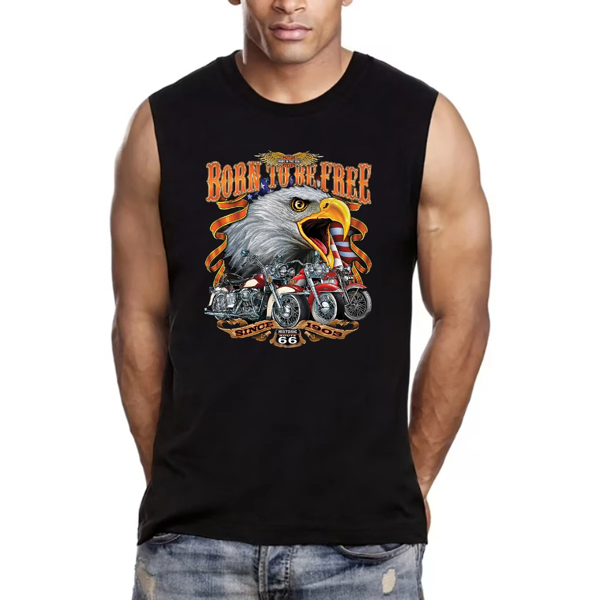 Born To Be Free Historic Route 66 Bald Eagle Motorcycle Tanktop 100% Cotton O-Neck Summer Casual Mens Vests Sleeveless T-shirt - Image 3