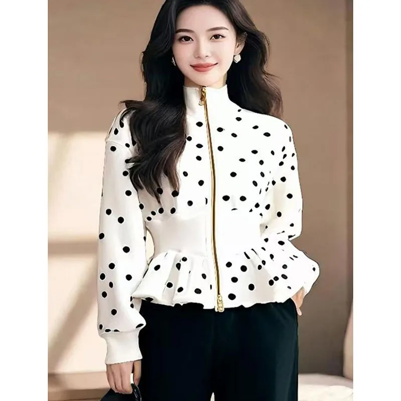 White Dot Long Sleeve Coat Women Spring 2025Stand Collar Belted Waist Zip Up Short Jacket Luxury Elegant Casual Outerwear Ladies - Image 4