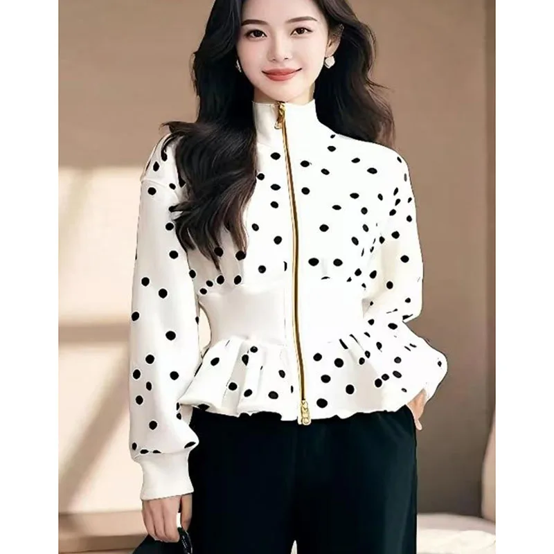 White Dot Long Sleeve Coat Women Spring 2025Stand Collar Belted Waist Zip Up Short Jacket Luxury Elegant Casual Outerwear Ladies - Image 6